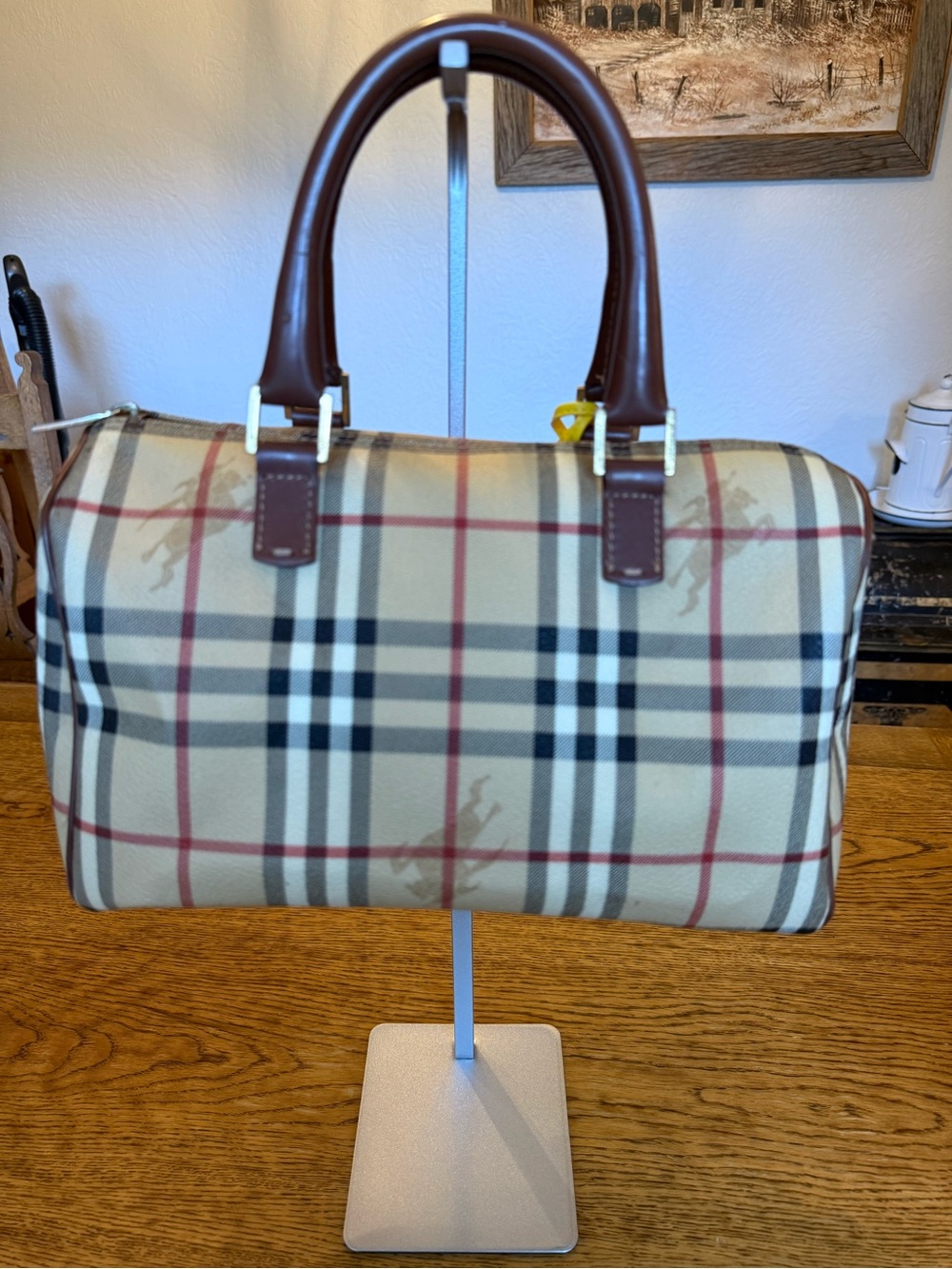 Burberry Classic Haymarket Check Pattern Brown Handle Woman’s Bag - Picture 2 of 16